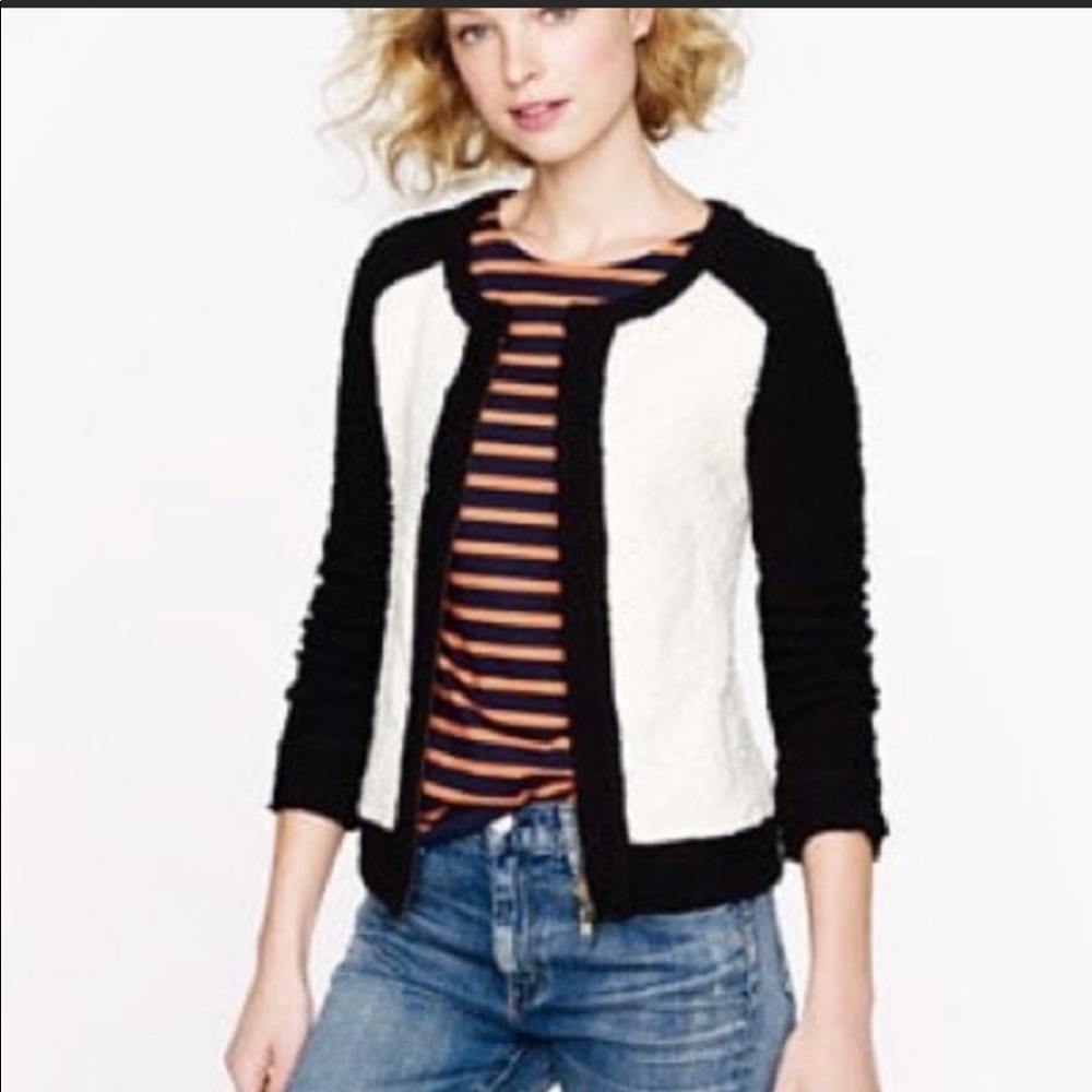 J. Crew Boucle Color Block Black and White Zip-Up Sweater